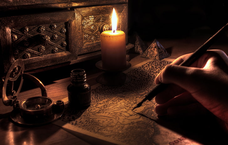 black ink pen, style, table, candle, antique, HD wallpaper