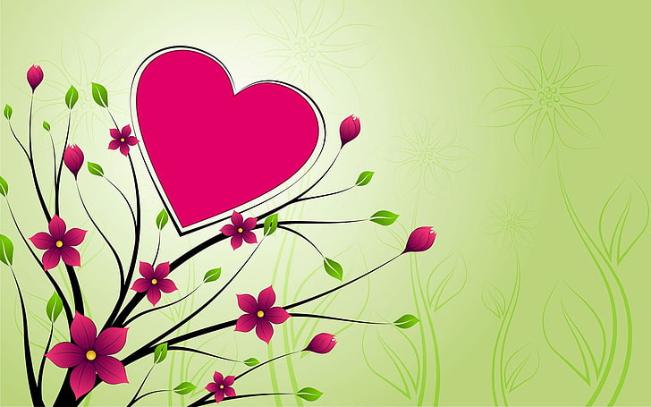 heart illustration, heart, branches, pink, background, HD wallpaper