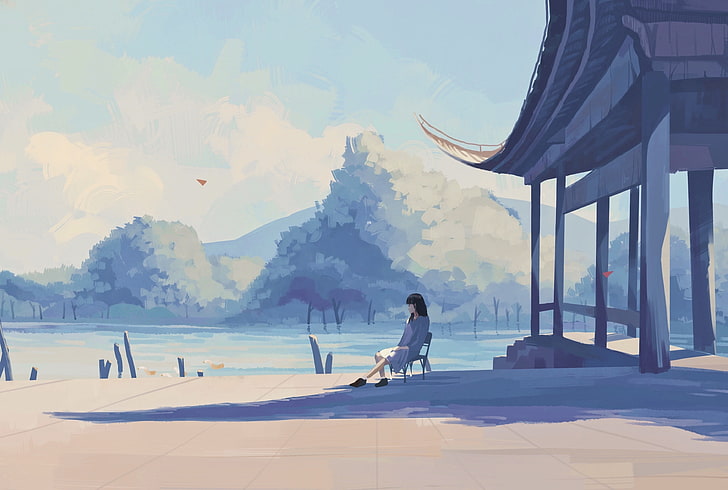 menina solitária de anime, lago, cores pastel, sombra, anime, HD papel de parede