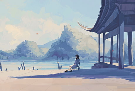 외로운 애니메이션 소녀, 호수, 파스텔 색상, 그림자, 애니메이션, HD 배경 화면 HD wallpaper