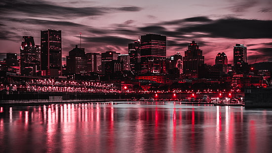 crepuscolo, luci rosse, luci della città, Quebec, Montreal, porto, baia, sera, tramonto, grattacielo, paesaggio urbano, cielo, punto di riferimento, notte, notte, metropoli, rosso, orizzonte, città, riflessione, Sfondo HD HD wallpaper