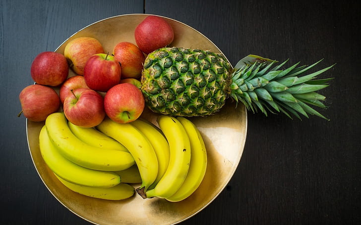 Frutas, maçã, banana, abacaxi, prato de frutas, alimentos, frescos, frutas, maçã, banana, abacaxi, prato de frutas, alimentos, frescos, HD papel de parede