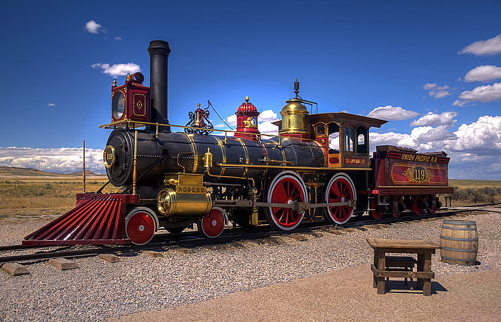 черный, красный и коричневый локомотивный поезд, пустыня, паровоз, железная дорога, Юта, США, винтаж, HD обои