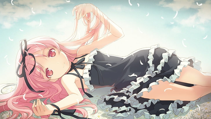 anime girls, pink hair, anime, Garden (visual novel), Himemiya Ruri, ribbon, black ribbons, manga, long hair, HD wallpaper