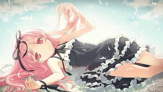 anime girls, capelli rosa, anime, Garden (visual novel), Himemiya Ruri, nastro, nastri neri, manga, capelli lunghi, Sfondo HD HD wallpaper