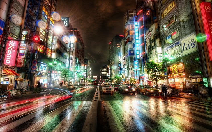 black concrete road, Tokyo, city, road, traffic, lights, neon, long exposure, rain, wet, night, HDR, HD wallpaper