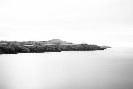 grayscale landscape photo of lake, welsh, welsh, Welsh, Coastline, Pembrokeshire, grayscale, landscape, photo, lake, black and white, landscapes, wales, photography, long exposure, minimalism, minimalist, uk, united kingdom, europe, cliffs, sea  water, rocks, rocky outcrops, peaceful, beauty, beautiful, a moment in time, nature, sea, scenics, outdoors, water, HD wallpaper HD wallpaper