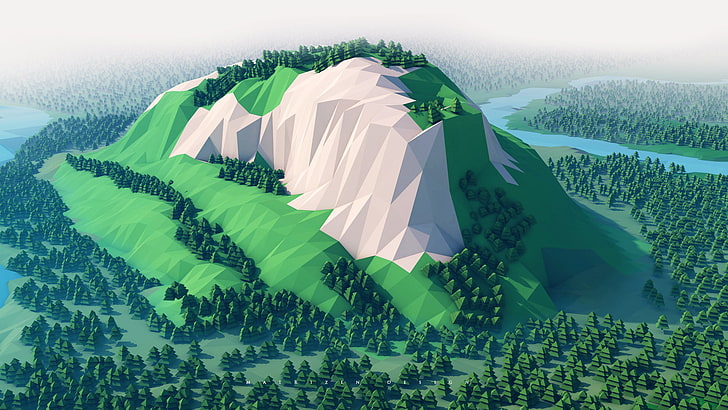 papier peint numérique de montagne polygonale vert et blanc, low poly, 3D, Cinema 4D, art numérique, montagnes, forêt, rivière, ciel, paysage, Photoshop, Fond d'écran HD