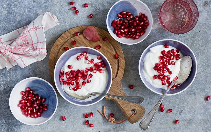 yogurt, pomegranates backgrounds, Cream, Corn, Background Ultra HD 4K, HD wallpaper