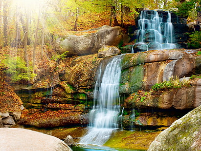 fondos de pantalla de cascadas, el sol, árboles, naturaleza, parque, cascada, cascada, paisaje, Fondo de pantalla HD HD wallpaper