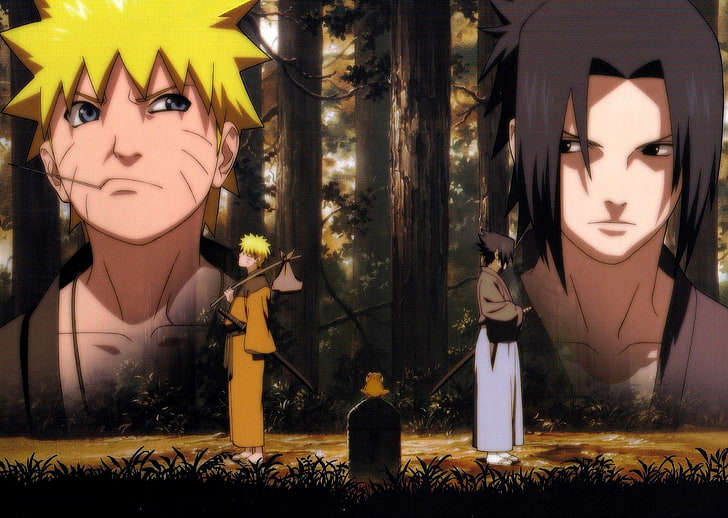 Karakter Naruto Shippuden, Naruto Shippuuden, Uchiha Sasuke, Uzumaki Naruto, hutan, pedang, katana, Wallpaper HD