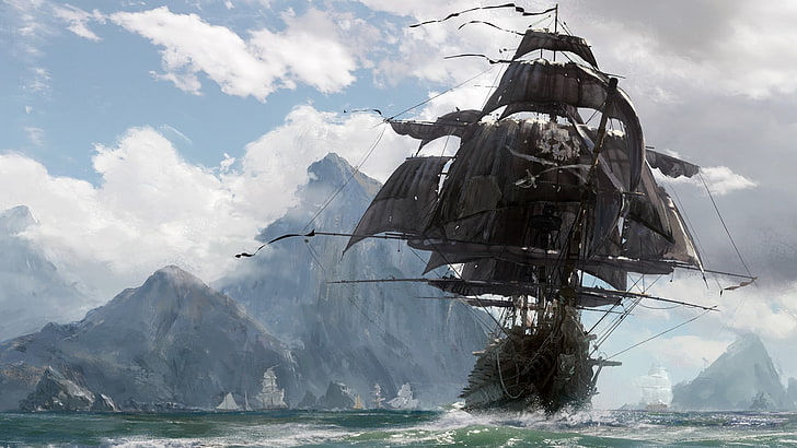 планини, пирати, море, пиратски кораб, череп и кости, видео игри, HD тапет