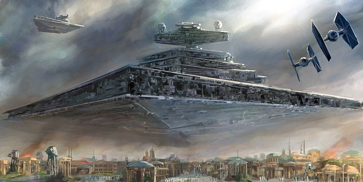 square gray spaceship illustration, Star Wars, Star Destroyer, TIE Fighter, HD wallpaper