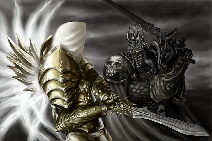 dois cavaleiros lutando papel de parede, WoW, World of Warcraft, Lich King, Warcraft, diablo, arcanjo, tyrael, arthas, Arthas Menethil, Diablo III: Ceifador de almas, Heróis da tempestade, Arcanjo da Justiça, HD papel de parede