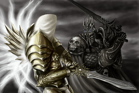 tapeta walcząca z dwoma rycerzami, WoW, World of Warcraft, Lich King, Warcraft, diablo, archangel, tyrael, arthas, Arthas Menethil, Diablo III: Reaper of Souls, Heroes of the Storm, Archangel of Justice, Tapety HD HD wallpaper