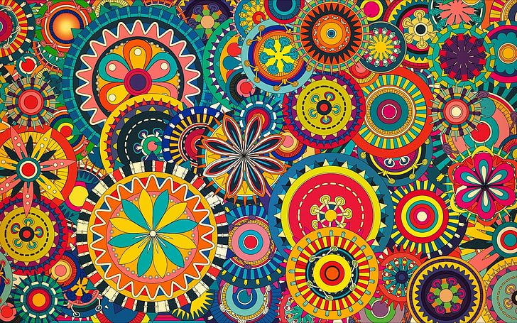 abstrak, lingkaran, Warna-warni, seni digital, bunga, geometri, pola, psychedelic, Simetri, Segitiga, Wallpaper HD