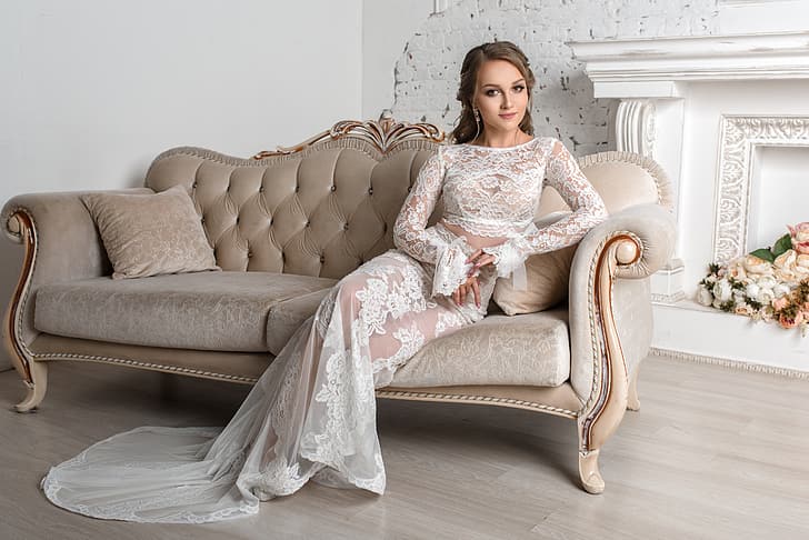 girl, flowers, sofa, sweetheart, dress, beauty, fireplace, the bride, Igor Kondakov, Igor Kondukov, HD wallpaper