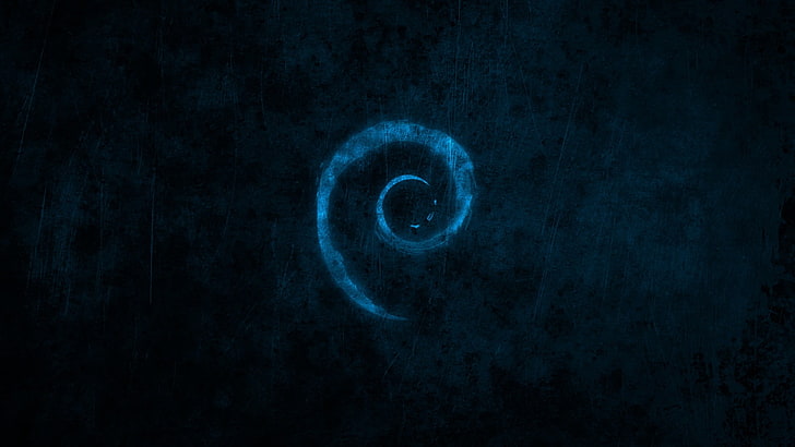 blue and black abstract painting, dark, Debian, blue, spiral, brand, Linux, HD wallpaper