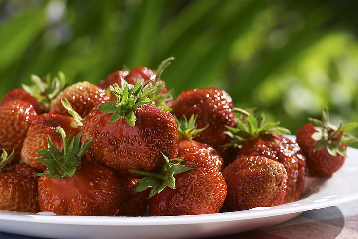 strawberry lot, strawberries, food, red, plate, HD wallpaper