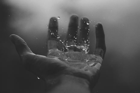 person's left palm, hands, water drops, rain, monochrome, HD wallpaper HD wallpaper