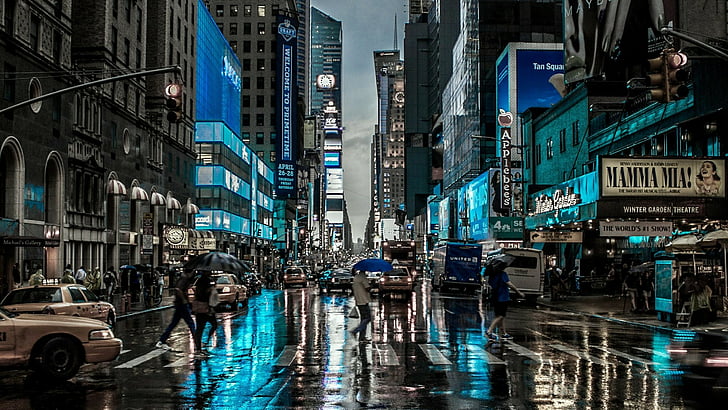 raining, mood, united states, new york city, evening, effect, wet, street, building, metropolitan area, downtown, rainy, water, rainy day, cityscape, metropolis, city, rain, HD wallpaper
