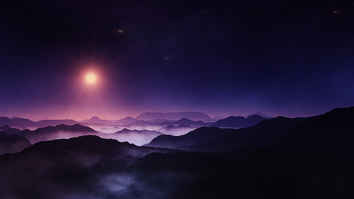 black mountains, nature, landscape, midnight, Sun, mountains, starry night, mist, violet, HD wallpaper