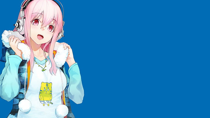 Super Sonico, headphones, pink hair, Nitroplus, blue background, smiling, anime, anime girls, HD wallpaper