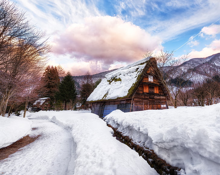 Village in Japan during Winter, brown house, Asia, Japan, Winter, House, Mountains, Mushroom, Snow, Clouds, Shirakawago, gifu, toyama, gassho, HD wallpaper
