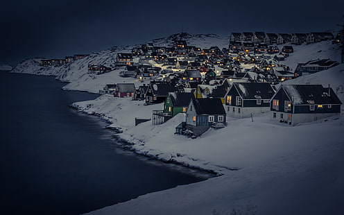 morze, śnieg, Nuuk, Grenlandia, światła, zima, krajobraz, noc, dom, miasto, Tapety HD HD wallpaper
