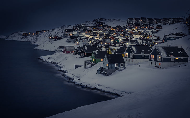 black wooden houses, winter, snow, sea, landscape, house, lights, night, city, Greenland, Nuuk, HD wallpaper