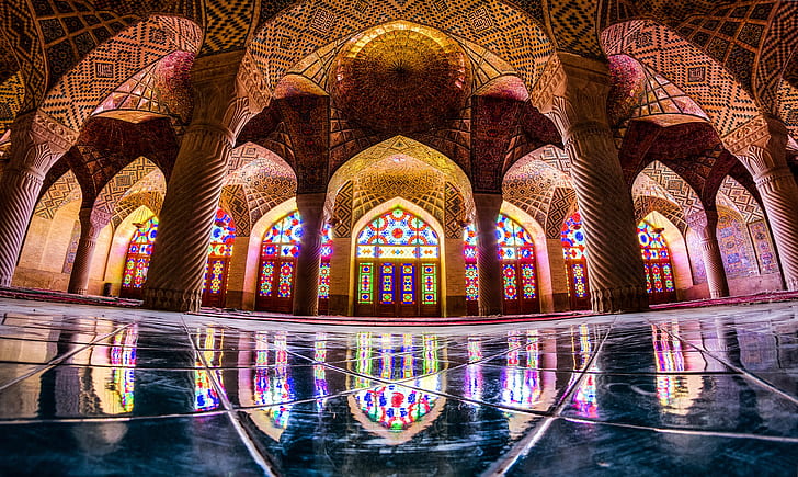 Moschea di Nasir al-Mulk, moschea, architettura islamica, architettura, colorato, riflessione, Iran, Sfondo HD