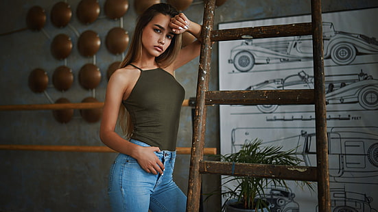 women, Anastasia Lis, Sergey Fat, long hair, jeans, stairs, plants, HD wallpaper HD wallpaper
