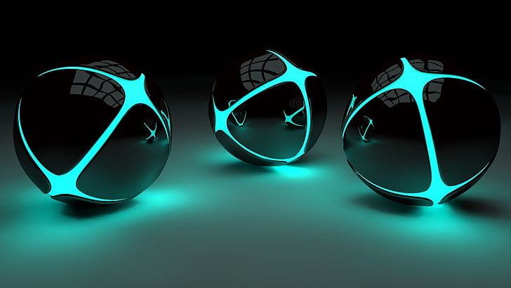 три круглых черно-зеленых неоновых устройства, 3D, светящиеся, шар, огни, минимализм, бирюза, голубой, HD обои