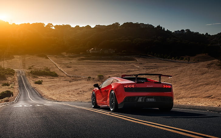 Lamborghini, Red, Gallardo, Sun, Road, LP570-4, Supercar, Spoiler, Rear, Super Trophy, HD wallpaper