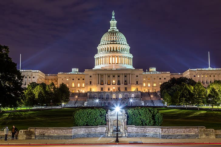 photo, Home, The evening, The city, Washington, USA, Street lights, Capitol Building, HD wallpaper
