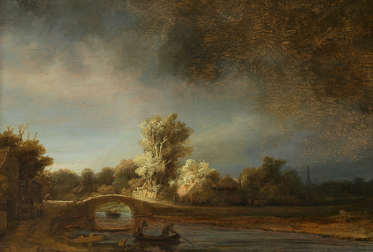 paesaggio, fiume, barca, immagine, Rembrandt van Rijn, Stone Bridge, Sfondo HD
