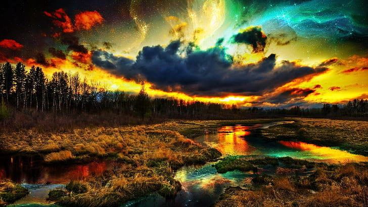 nature, sky, reflection, fantasy landscape, pond, water, landscape, wetland, science fiction, scifi, stars, starry night, evening, sunset, HD wallpaper