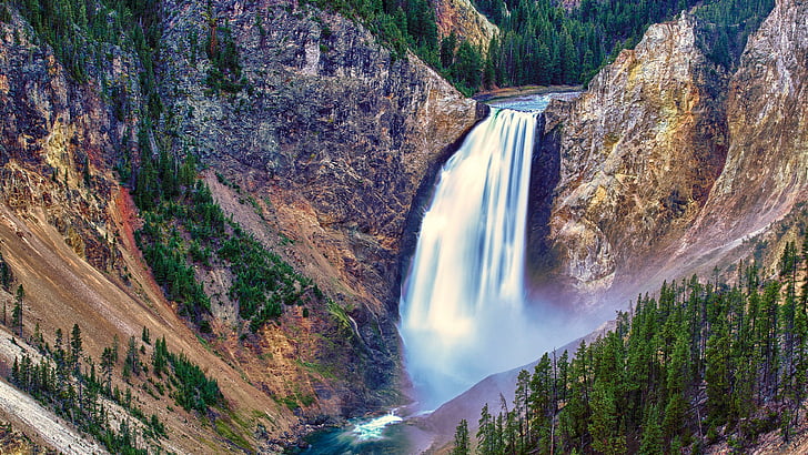waterfall, nature, river, water, nature reserve, national park, mountain, tree, yellowstone national park, united states, wyoming, HD wallpaper