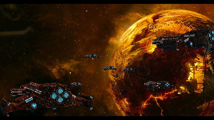 battle ships on the outer space graphics, artwork, StarCraft, Starcraft II, space, planet, HD wallpaper