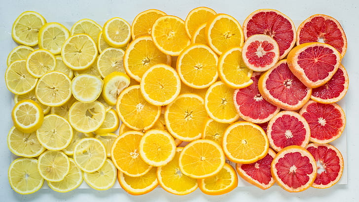 цитрусови плодове, грейпфрут, лимони, портокали, сочни резенчета доброта, HD тапет