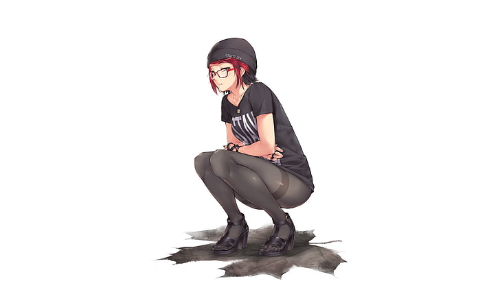 female anime character, female character illustration, kopianget, panty hose, redhead, glasses, maple leaves, squatting, HD wallpaper