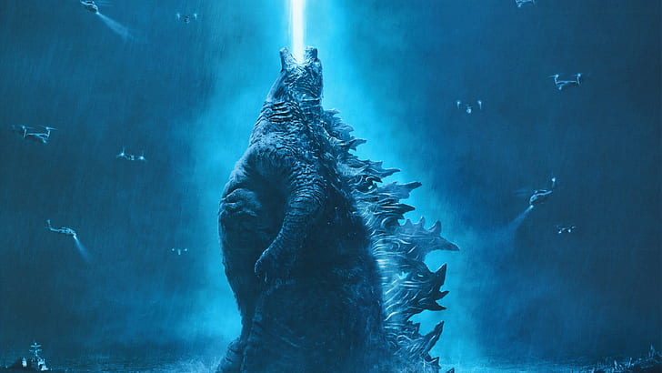 Годзилла: Король монстров, кино, синий, 2019 (год), Годзилла, существо, произведение искусства, голубой, HD обои
