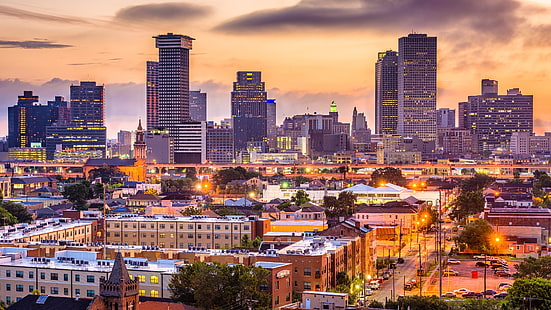 New Orleans, Louisiana, Stati Uniti, Stati Uniti d'America, paesaggio urbano, alba, alba, skyline, grattacieli, Sfondo HD HD wallpaper