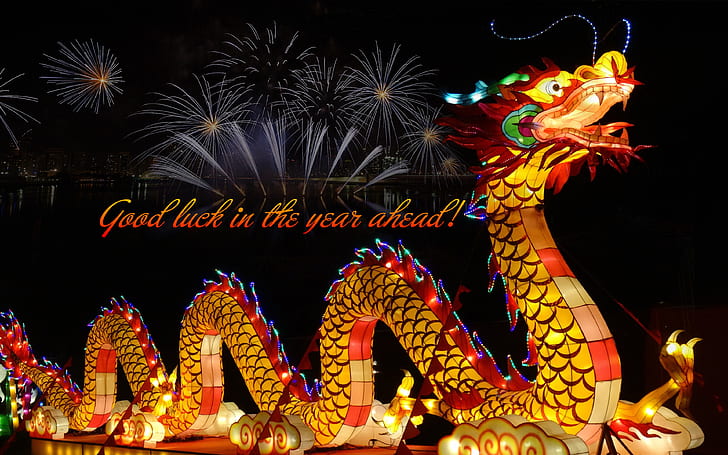 Честита Нова година китайски тапет с фойерверки и поздравителна картичка с дракон за вашите мобилни телефони и настолен компютър с Android, HD тапет