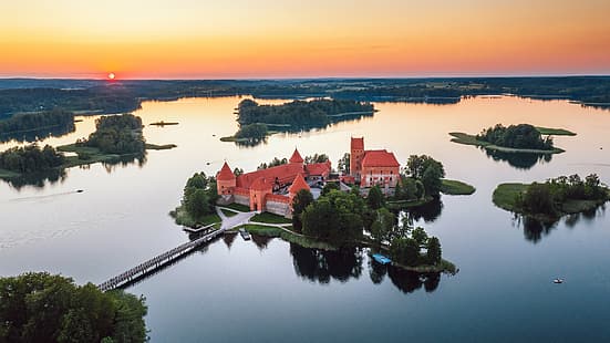 Zamek na wyspie Troki, zamek, widok z lotu ptaka, wyspa, Litwa, przyroda, jezioro, Troki, Tapety HD HD wallpaper