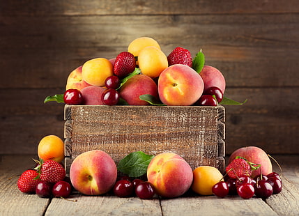 Vielzahl von Früchten, Kirschen, Erdbeeren, Beeren, Früchten, Dosen, Pfirsichen, Aprikosen, HD-Hintergrundbild HD wallpaper