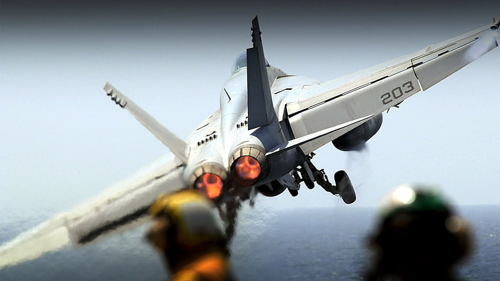 бело-серый реактивный самолет 203, McDonnell Douglas F / A-18 Hornet, FA-18 Hornet, F / A-18 Hornet, самолеты, военный самолет, реактивный истребитель, взлет, глаза, HD обои