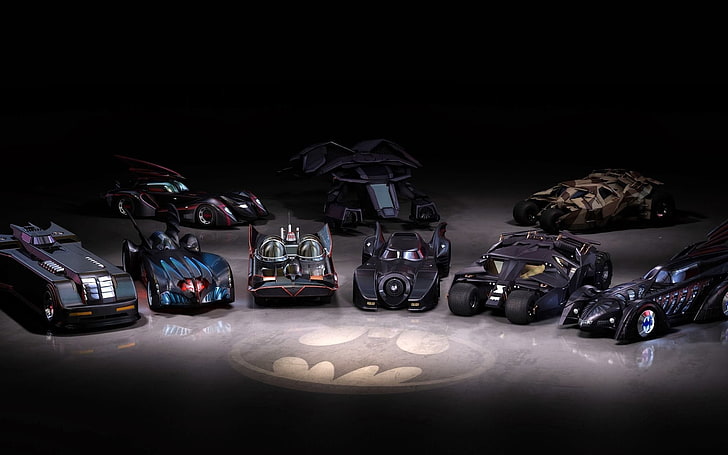 Batman cars collection, Batman, Batmobile, Batman Begins, Bat signal, car, supercars, digital art, HD wallpaper