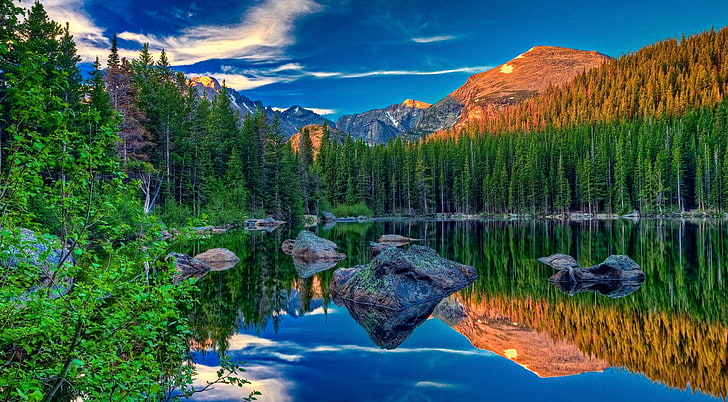 Mountain Lake Daytime, corpo de água calmo, Natureza, Florestas, Montanha, Lago, Daytime, HD papel de parede