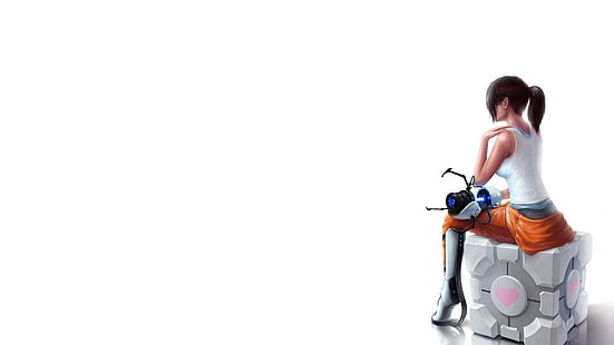 wallpaper digital karakter anime wanita, Chell, Laboratorium Aperture, Companion Cube, Portal (game), Portal 2, Portal Gun, Valve Corporation, video game, Valve, Wallpaper HD HD wallpaper
